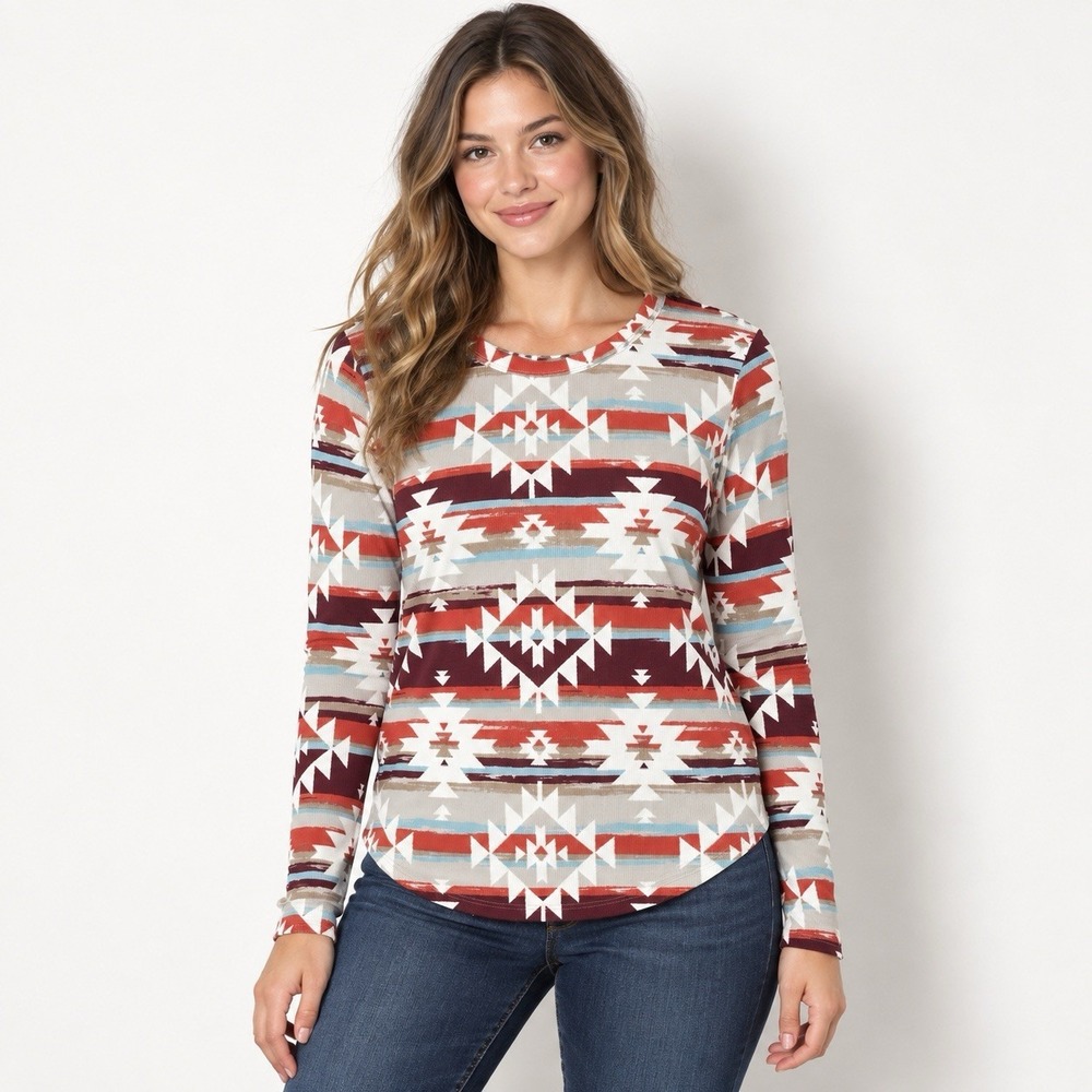 No Boundaries Juniors Crew Rib Top XL (15-17) Southwest Long Sleeve Aztec